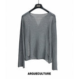 Frayed Open-Knit V-Neck Sweater in Linen Blend - Gray