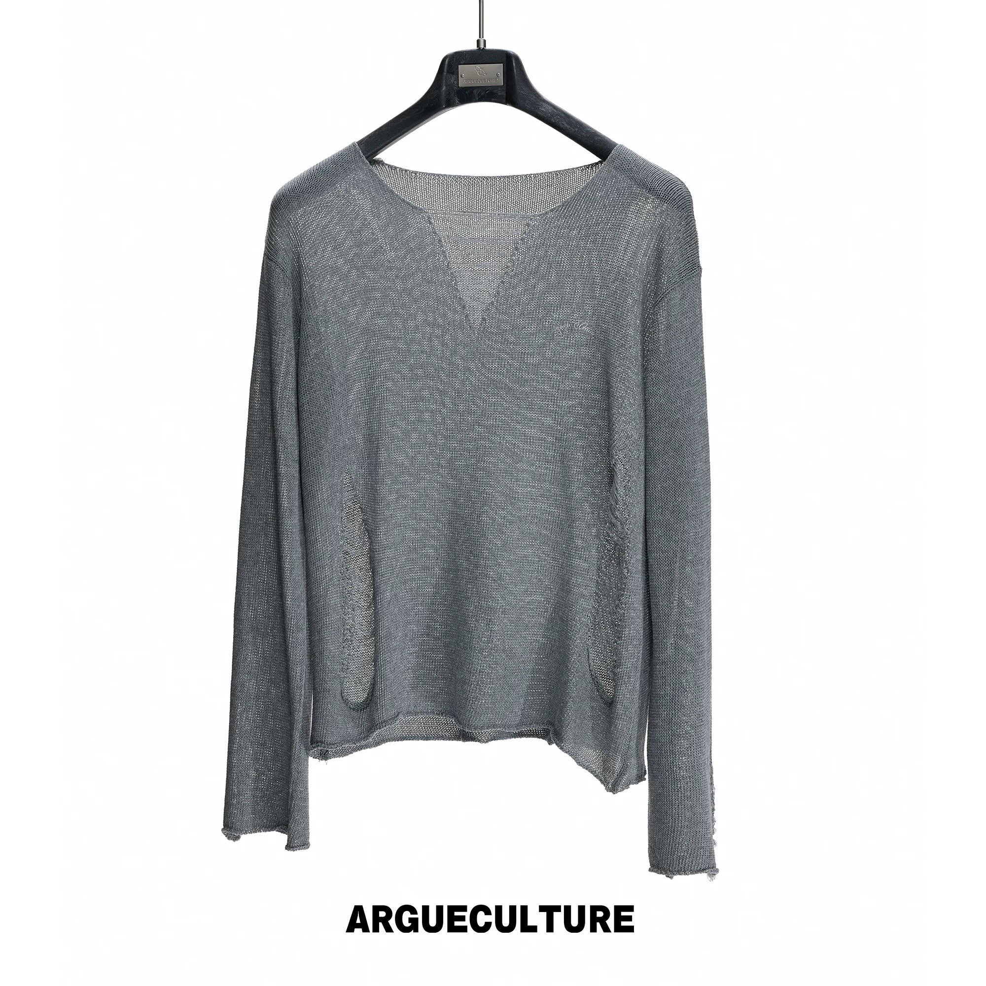 Frayed Open-Knit V-Neck Sweater in Linen Blend - Gray
