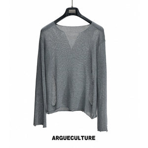 Frayed Open-Knit V-Neck Sweater in Linen Blend - Gray