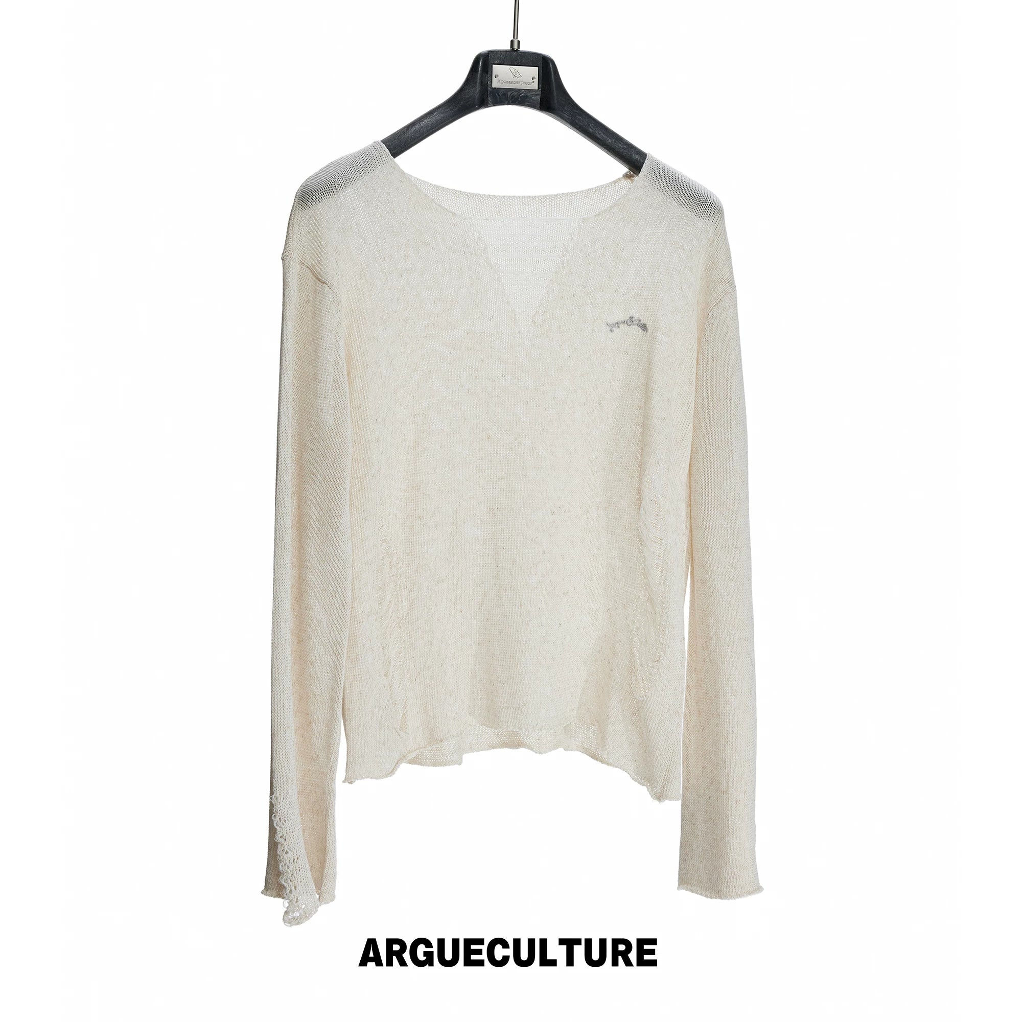 Frayed Open-Knit V-Neck Sweater in Linen Blend - Apricot