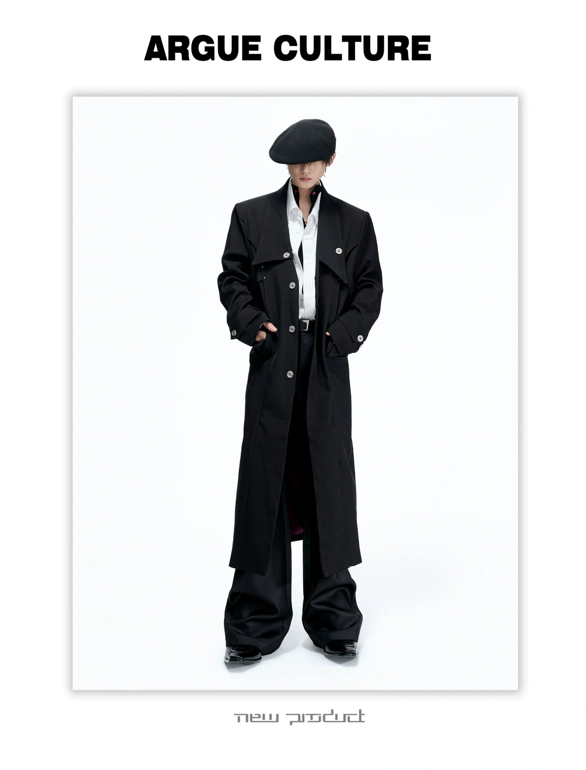Black Long Coat With Contrast Lining and Back Vent - description image 5