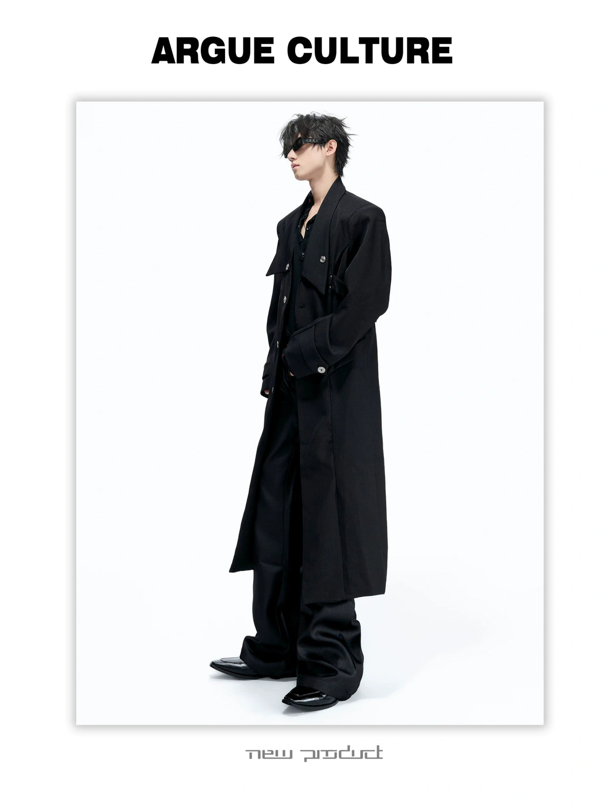 Black Long Coat With Contrast Lining and Back Vent - description image 7