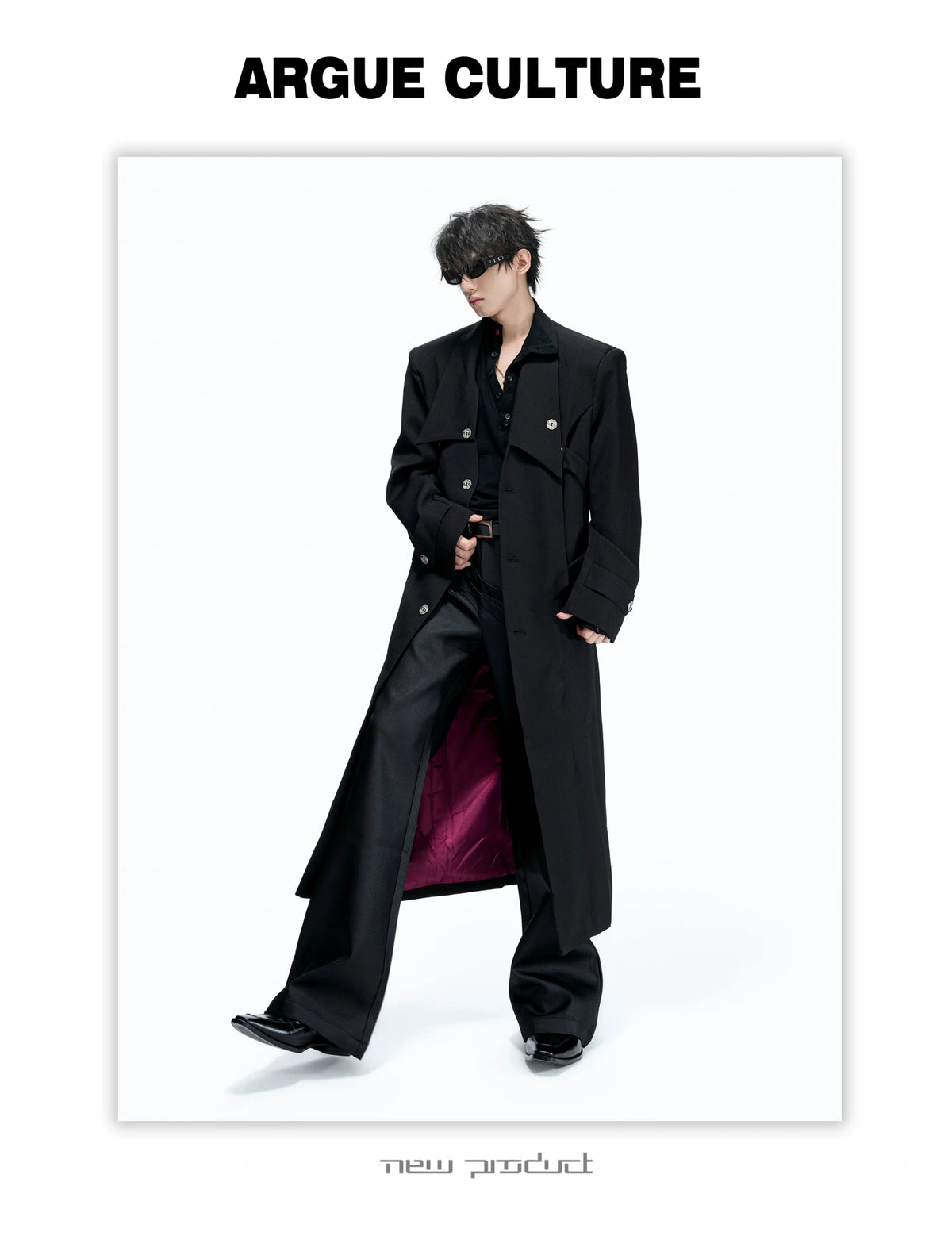 Black Long Coat With Contrast Lining and Back Vent - description image 10