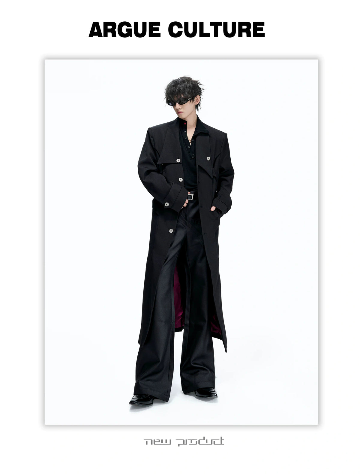 Black Long Coat With Contrast Lining and Back Vent - description image 12