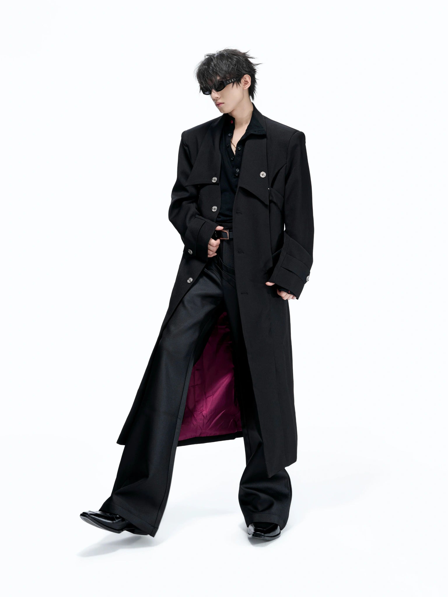 Black Long Coat With Contrast Lining and Back Vent - main image 1
