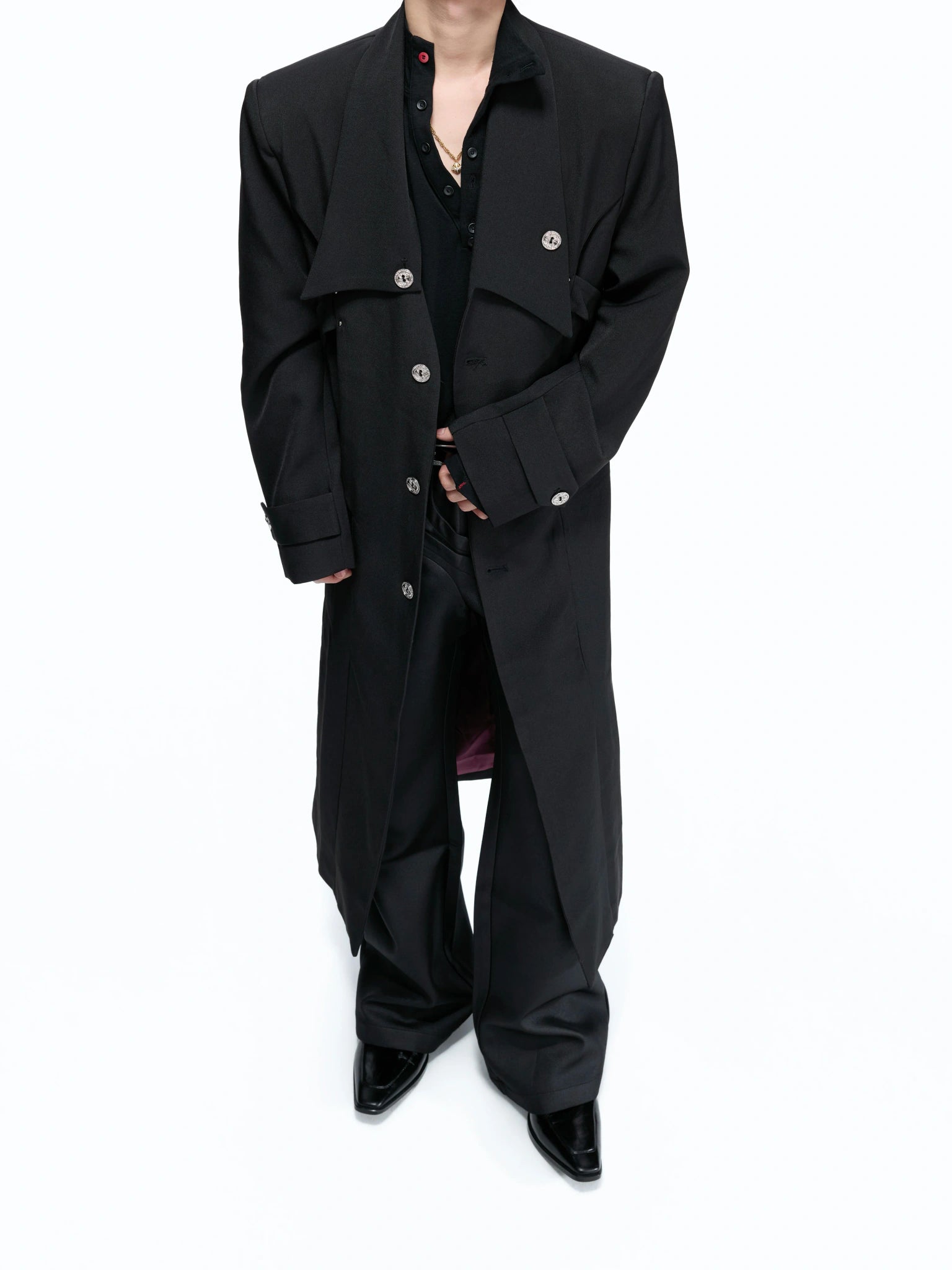 Black Long Coat With Contrast Lining and Back Vent - main image 4