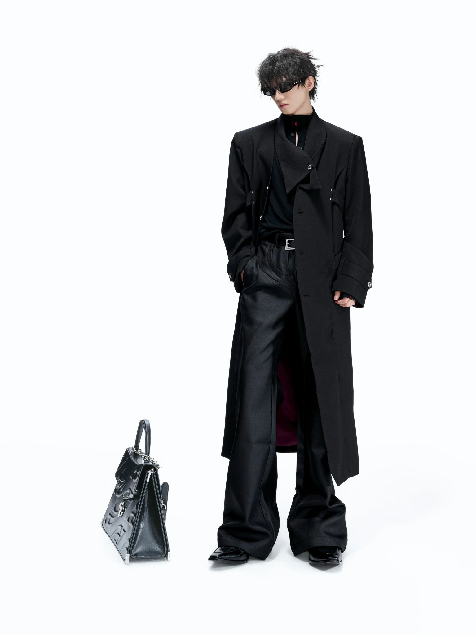 Black Long Coat With Contrast Lining and Back Vent - main image 5