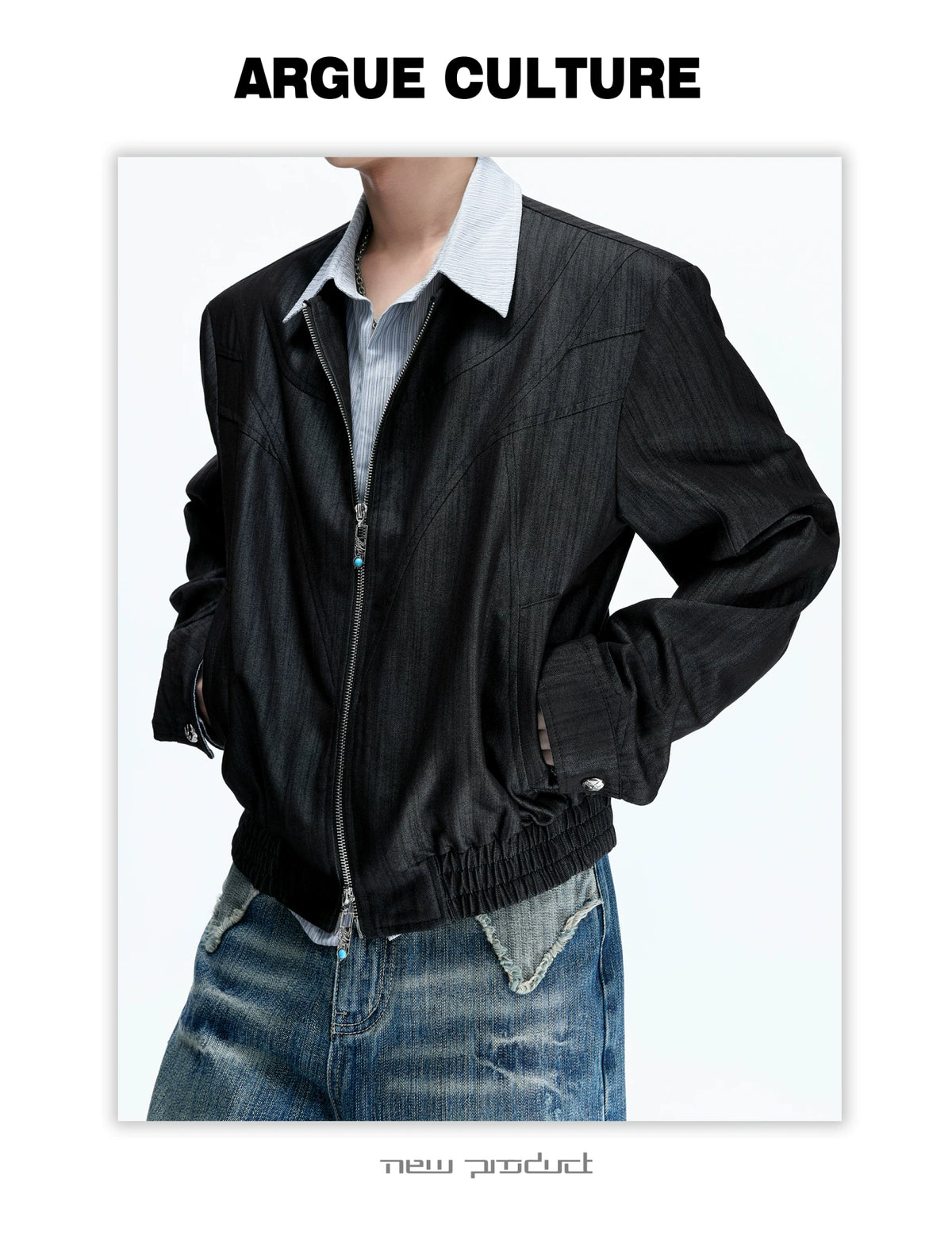 Striped Faux-Layer Cropped Jacket with Dual Zip - description image 5