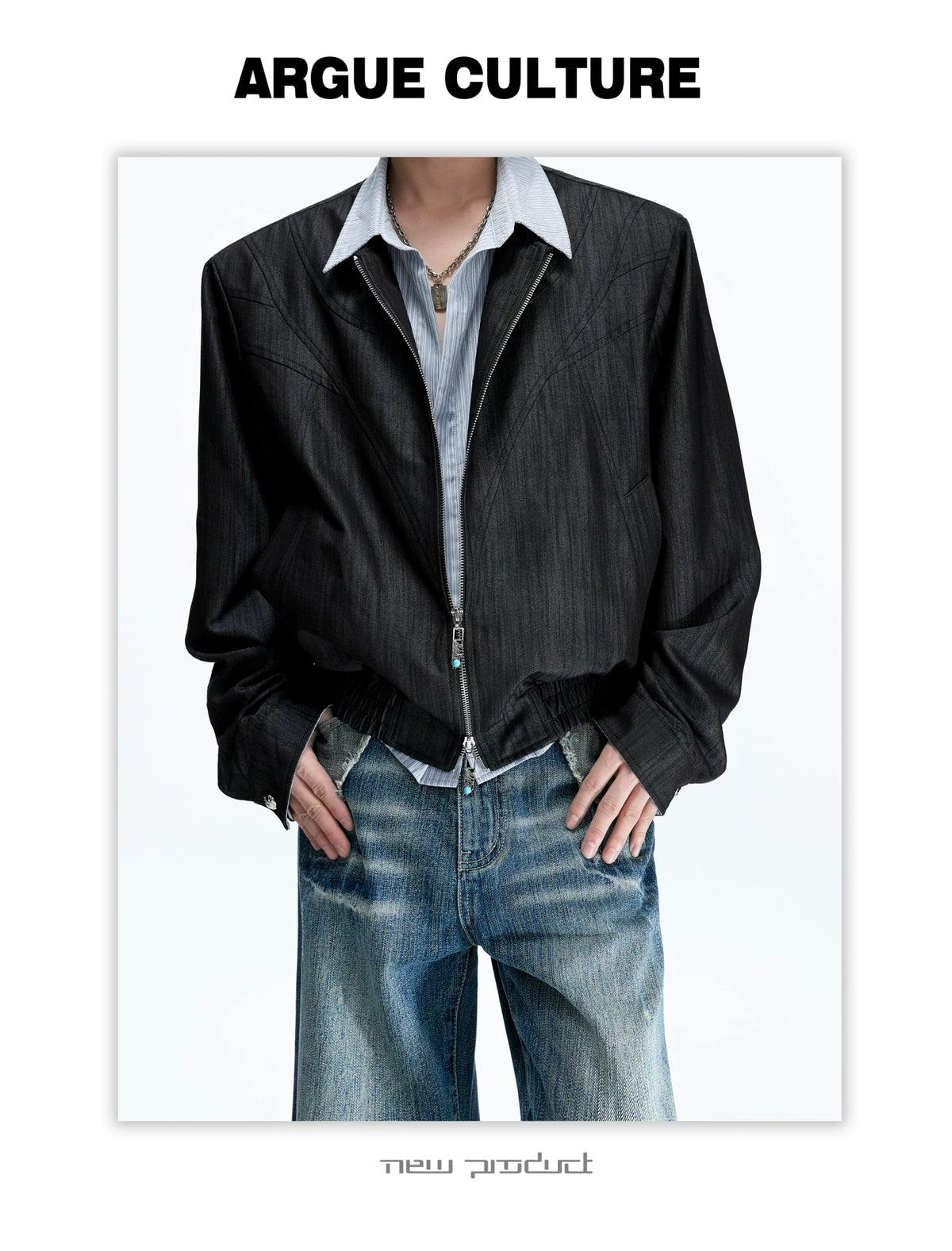 Striped Faux-Layer Cropped Jacket with Dual Zip - description image 6