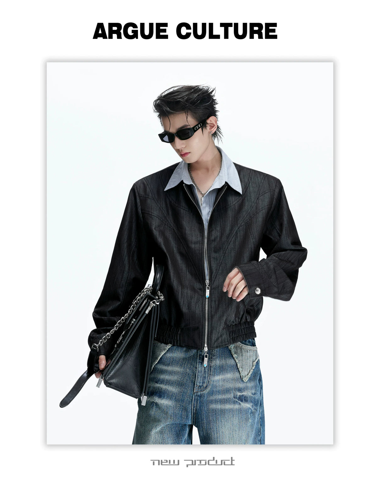 Striped Faux-Layer Cropped Jacket with Dual Zip - description image 10