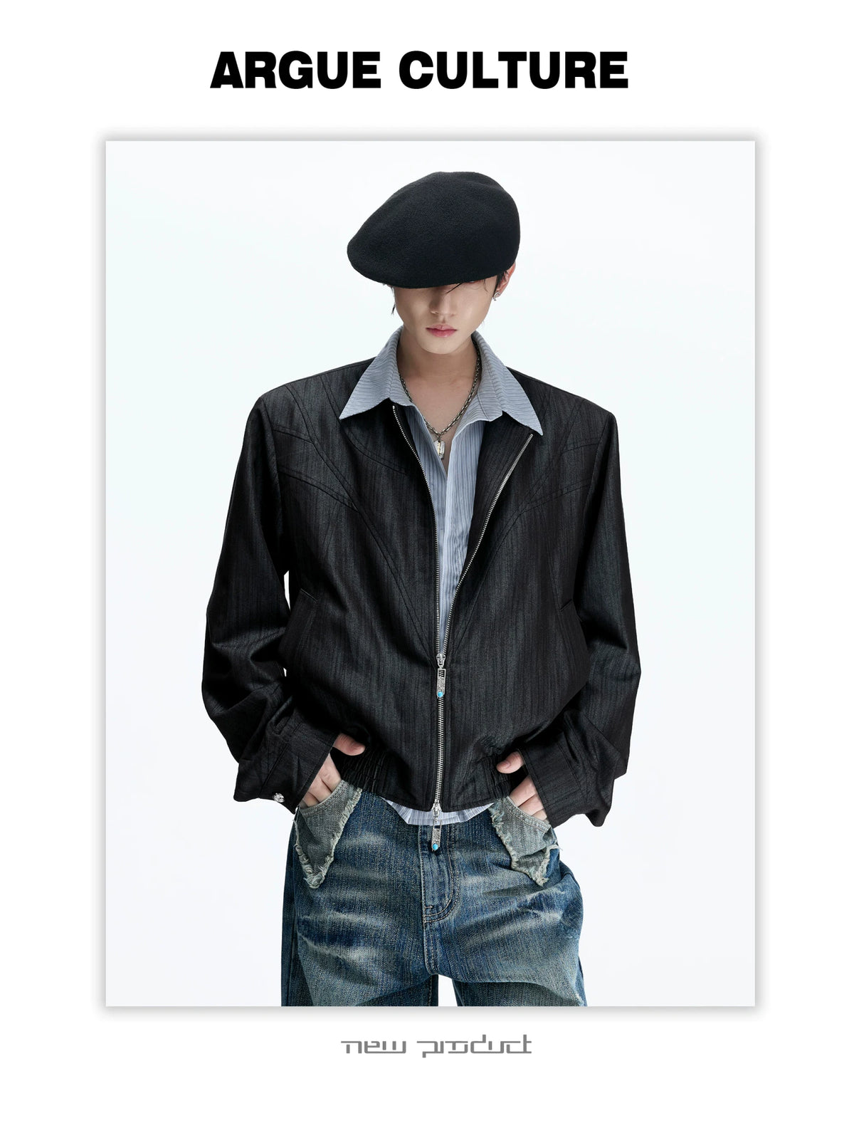 Striped Faux-Layer Cropped Jacket with Dual Zip - description image 11