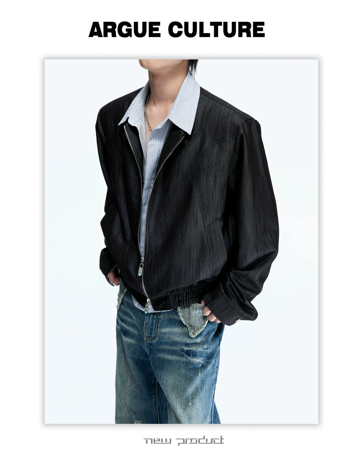 Striped Faux-Layer Cropped Jacket with Dual Zip - description image 12