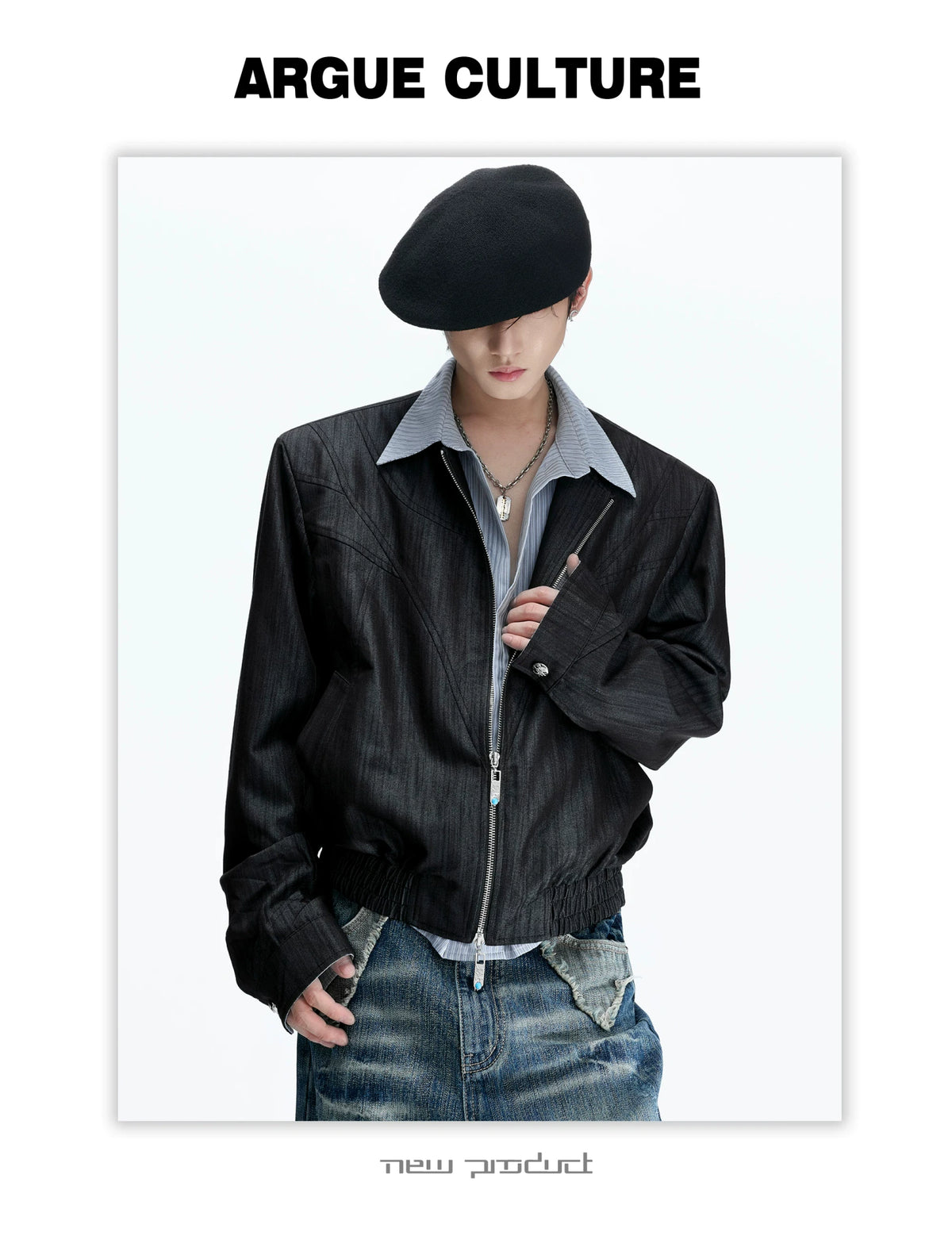 Striped Faux-Layer Cropped Jacket with Dual Zip - description image 13