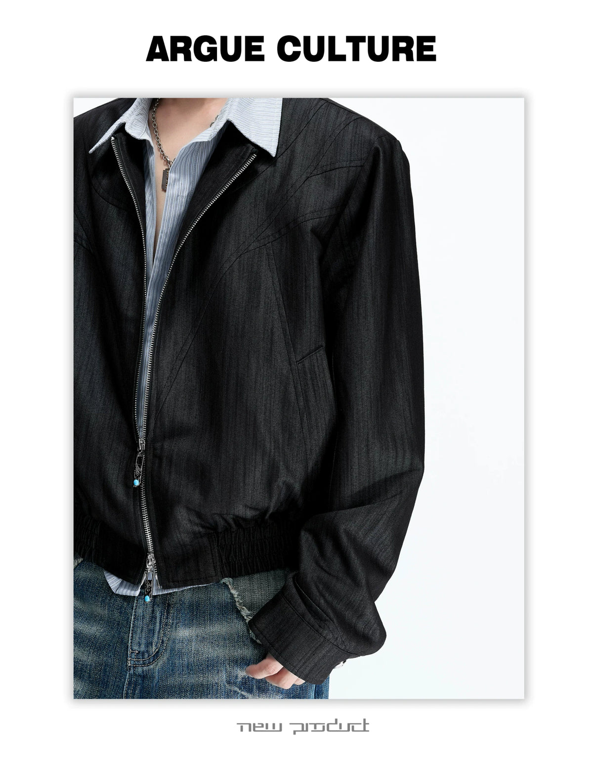 Striped Faux-Layer Cropped Jacket with Dual Zip - description image 14