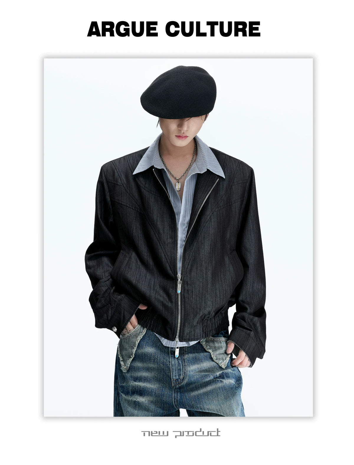 Striped Faux-Layer Cropped Jacket with Dual Zip - description image 15