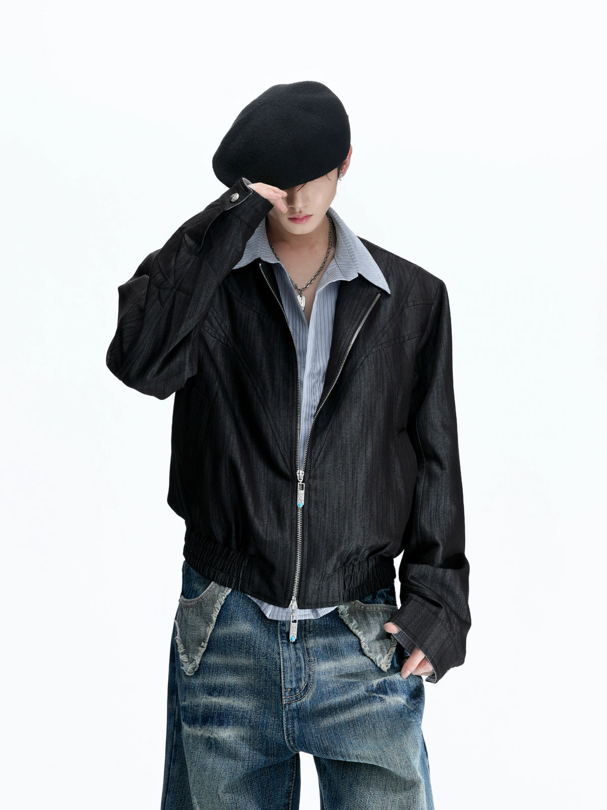 Striped Faux-Layer Cropped Jacket with Dual Zip - main image 1