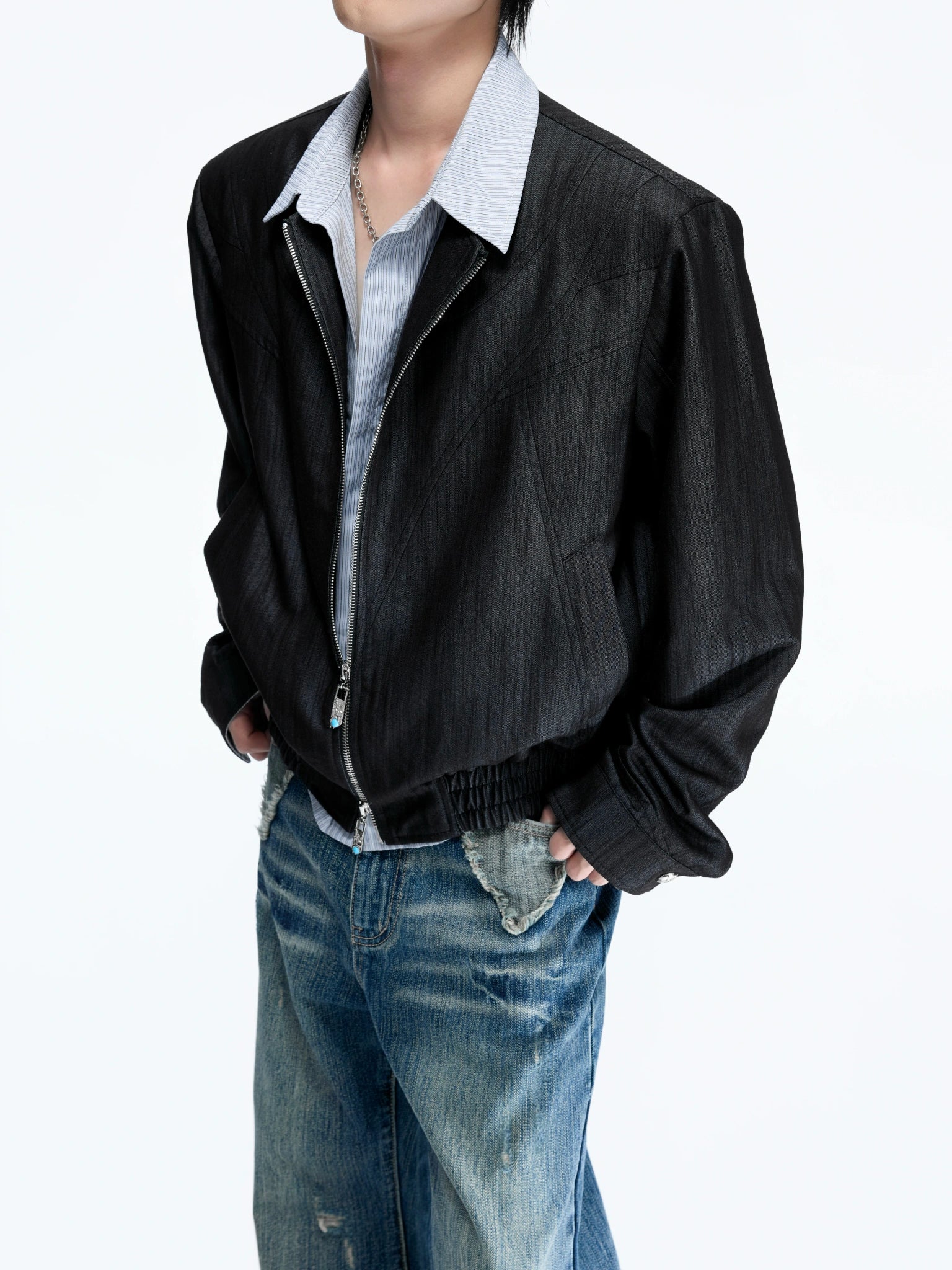 Striped Faux-Layer Cropped Jacket with Dual Zip - main image 3
