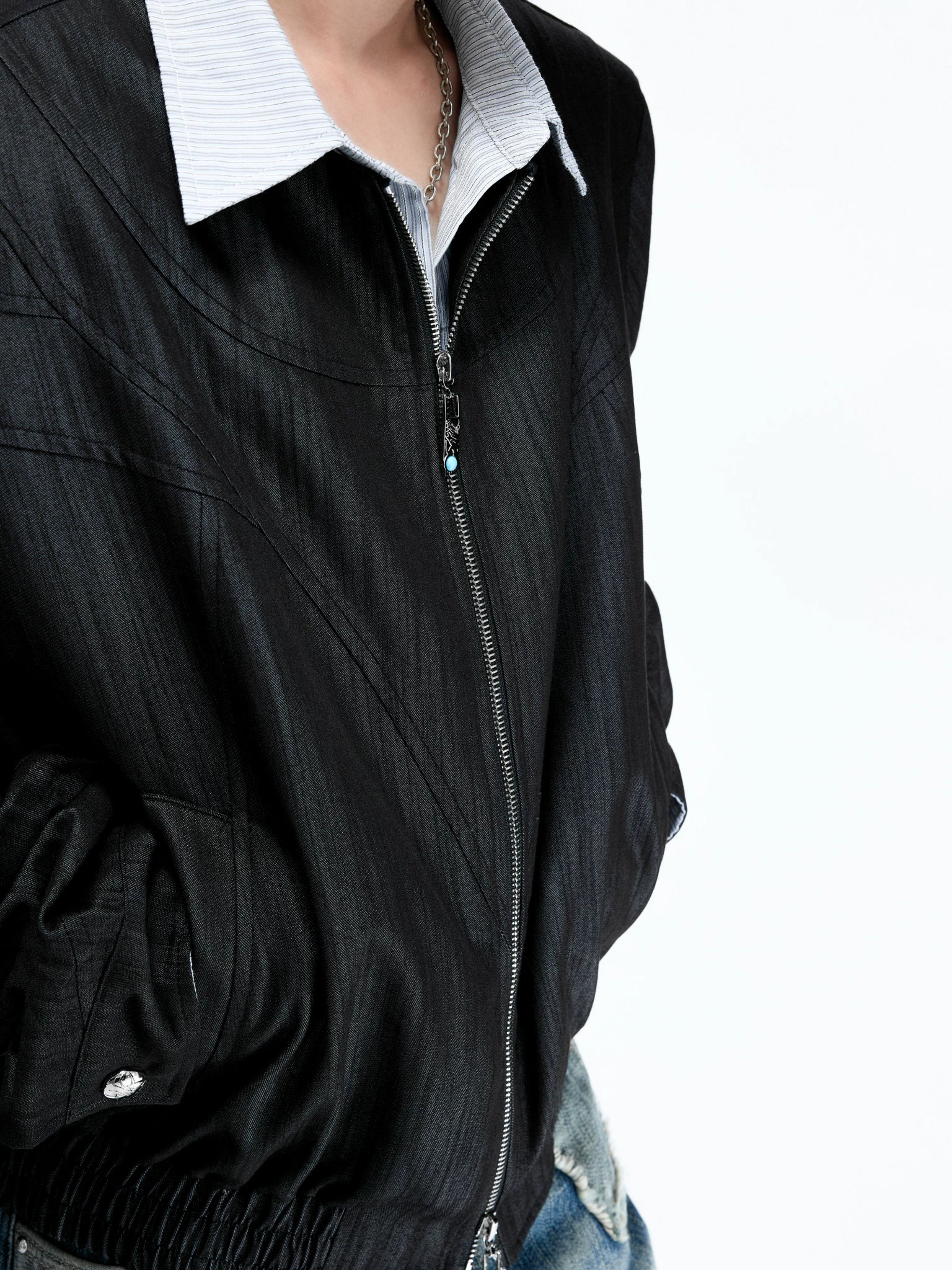 Striped Faux-Layer Cropped Jacket with Dual Zip - main image 4