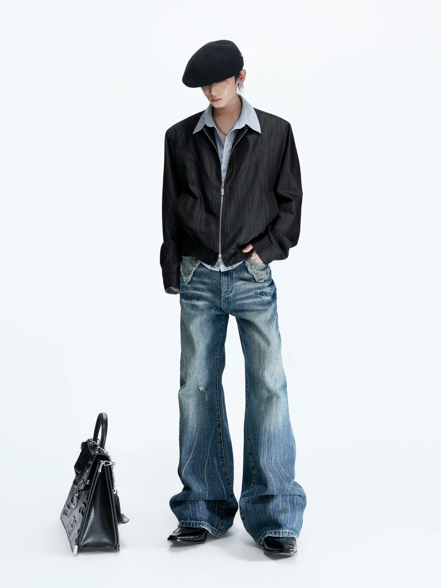 Striped Faux-Layer Cropped Jacket with Dual Zip - main image 5