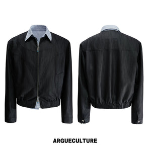 Striped Faux-Layer Cropped Jacket with Dual Zip - Black