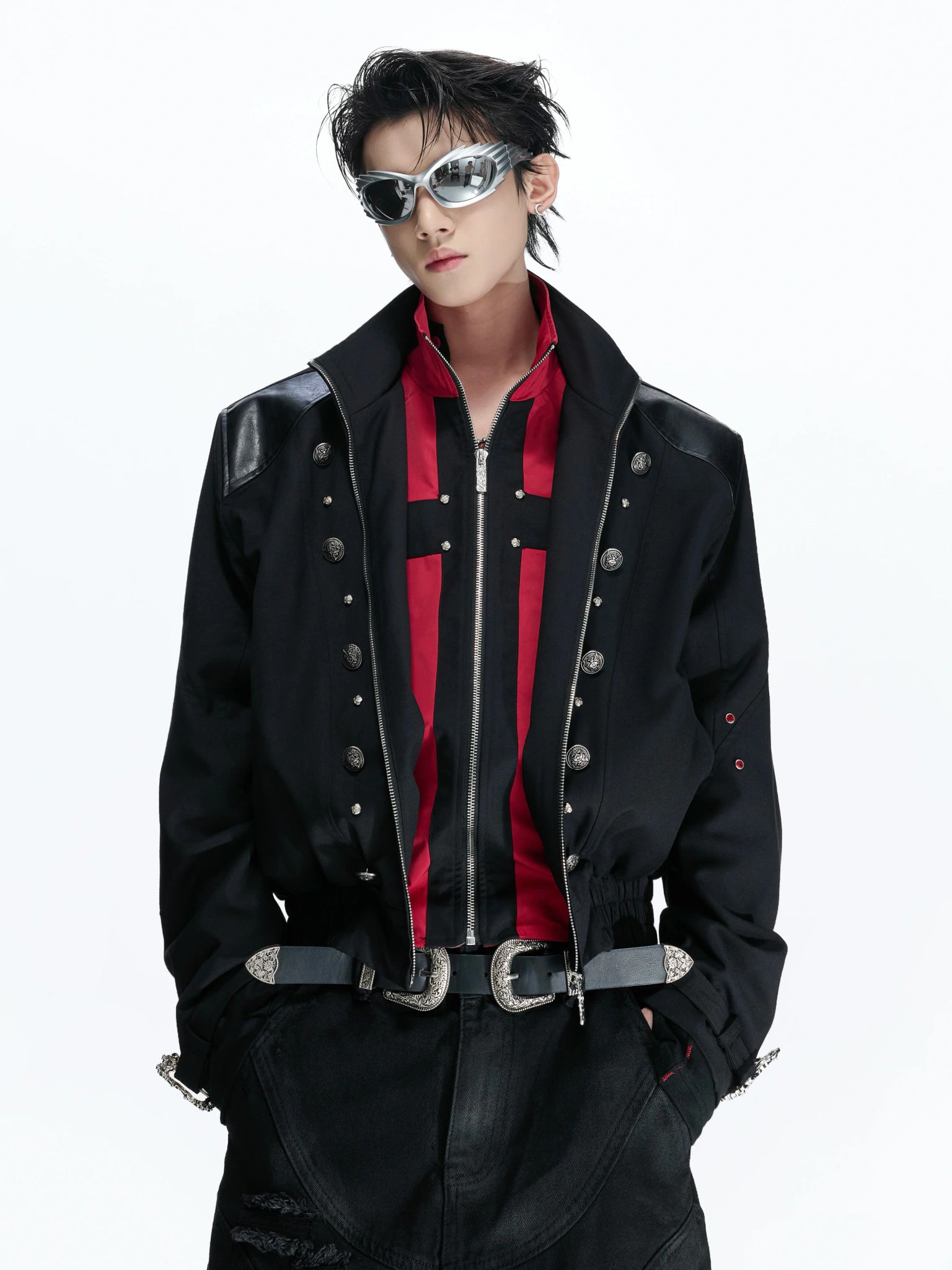 Cropped Black-Red Cross Jacket with Stand Collar Detail - main image 1