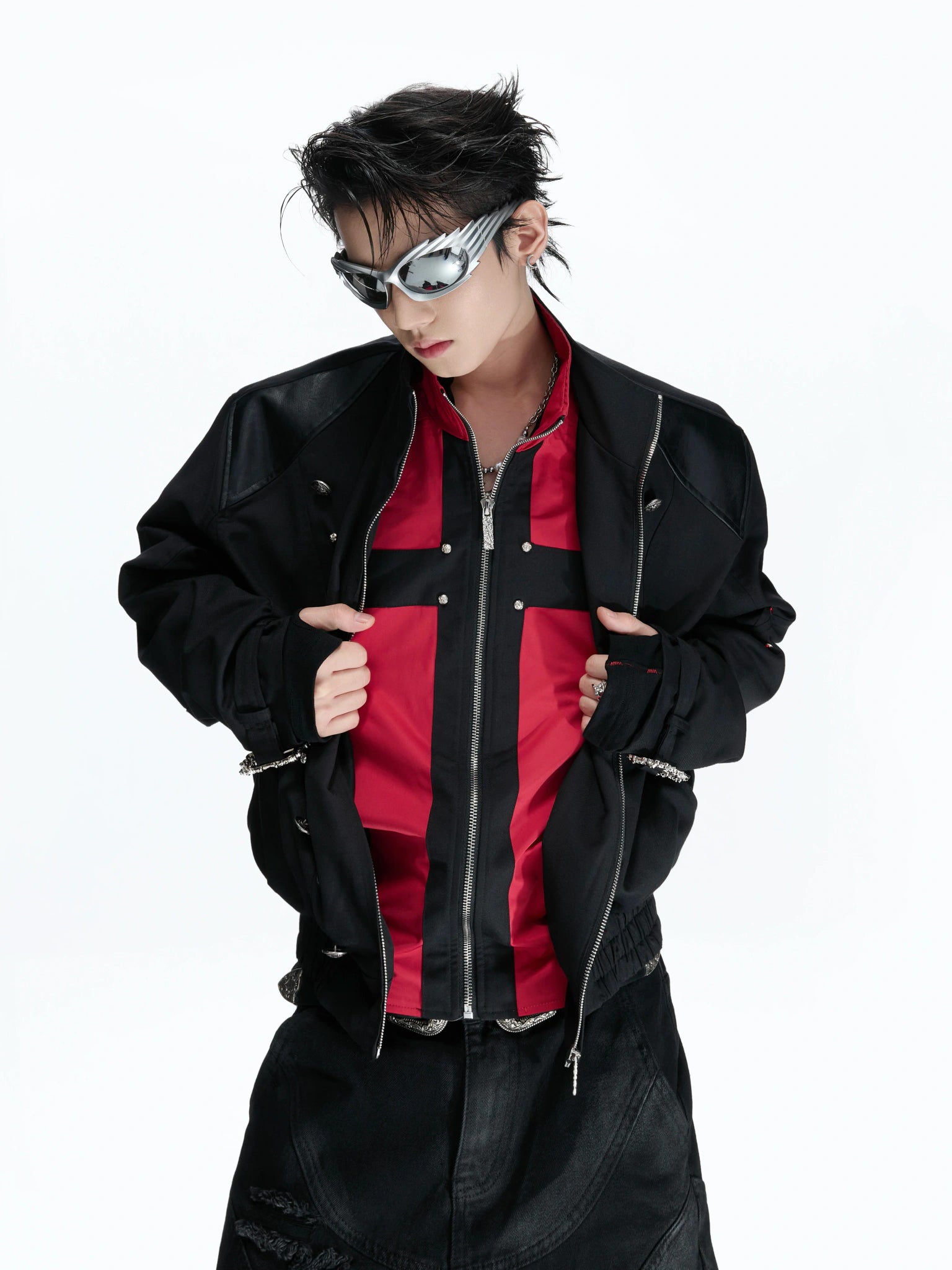 Cropped Black-Red Cross Jacket with Stand Collar Detail - main image 2