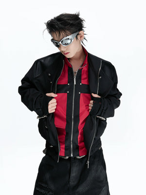 Cropped Black-Red Cross Jacket with Stand Collar Detail - main image 2