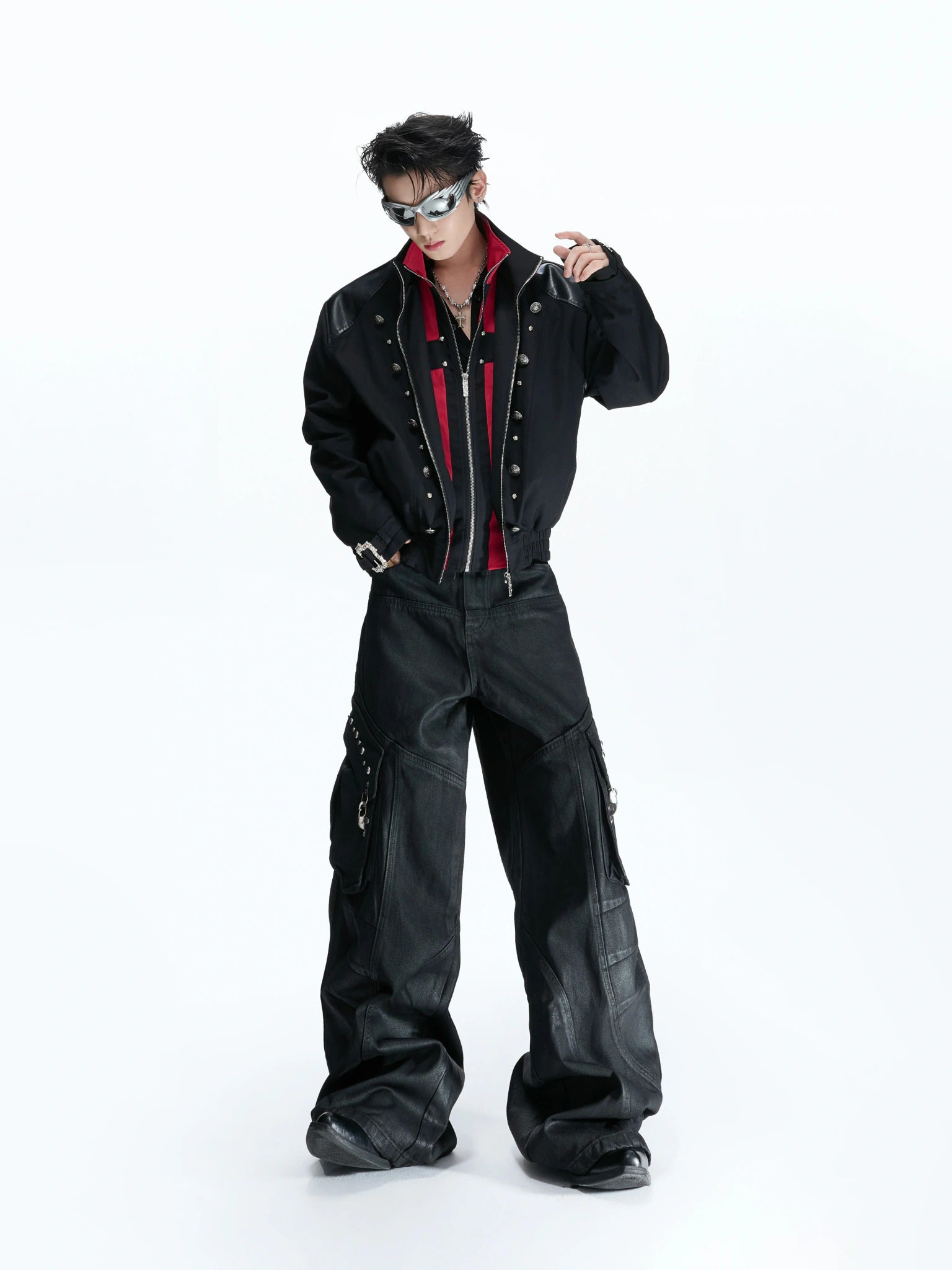 Cropped Black-Red Cross Jacket with Stand Collar Detail - main image 3