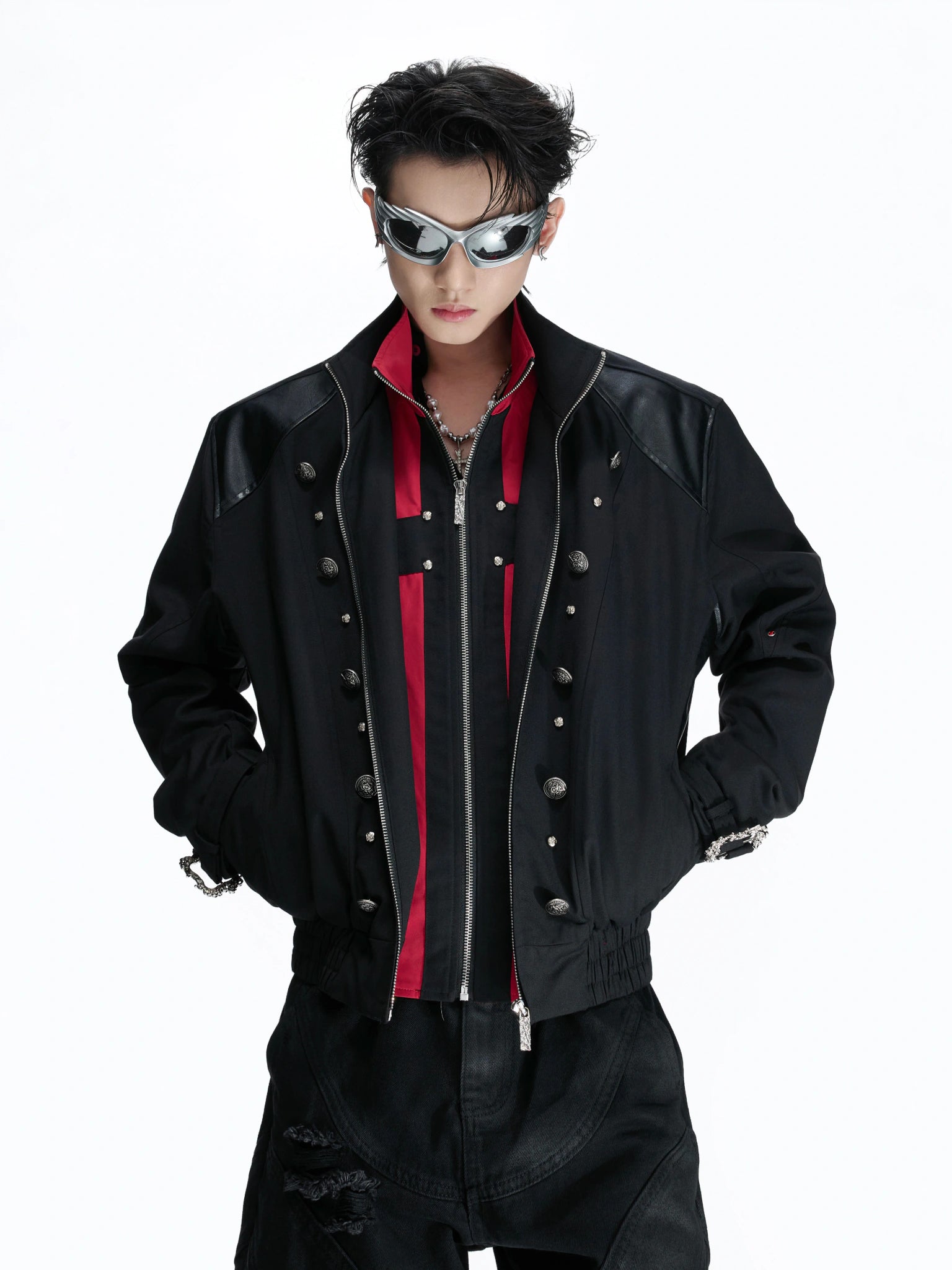 Cropped Black-Red Cross Jacket with Stand Collar Detail - main image 4