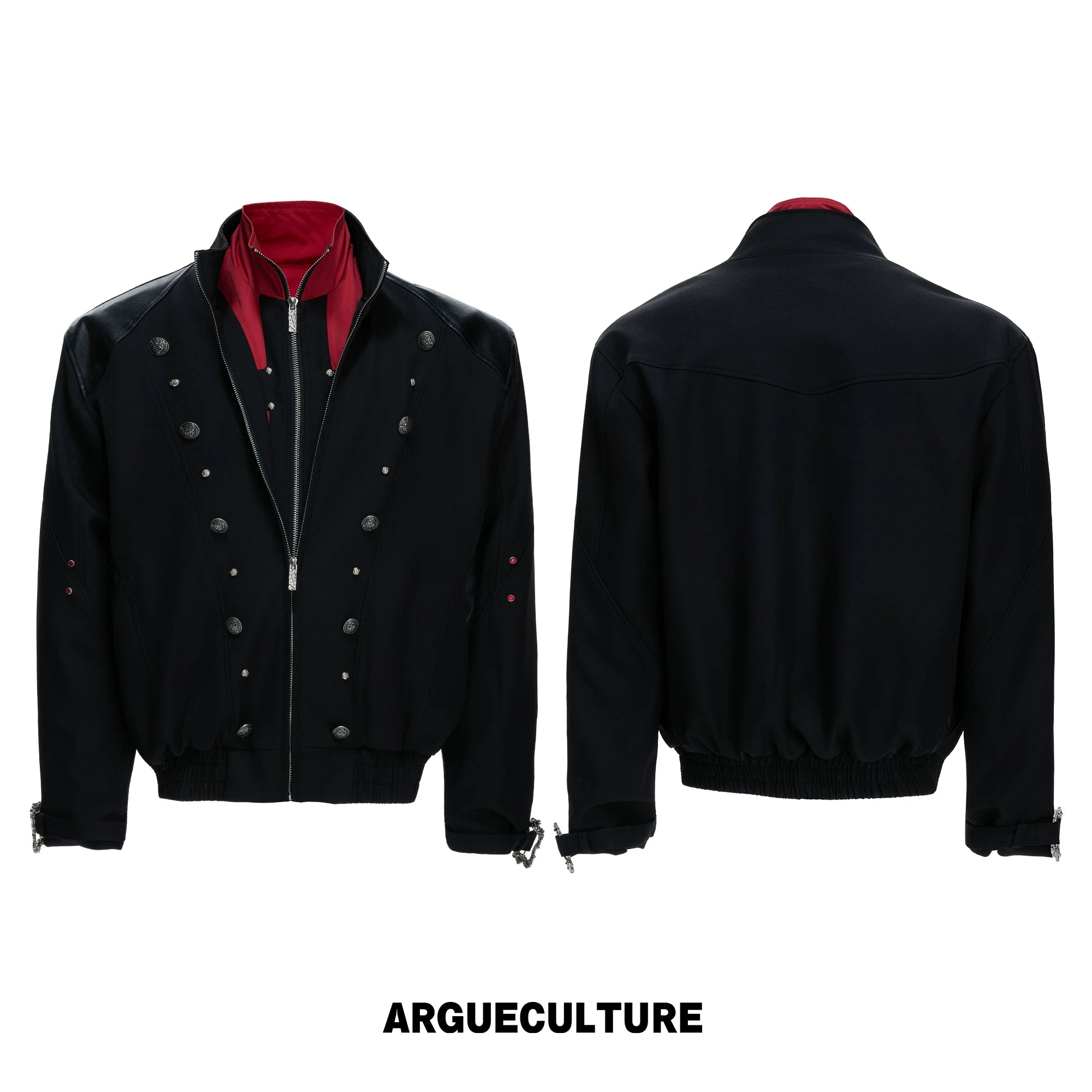 Cropped Black-Red Cross Jacket with Stand Collar Detail - Black