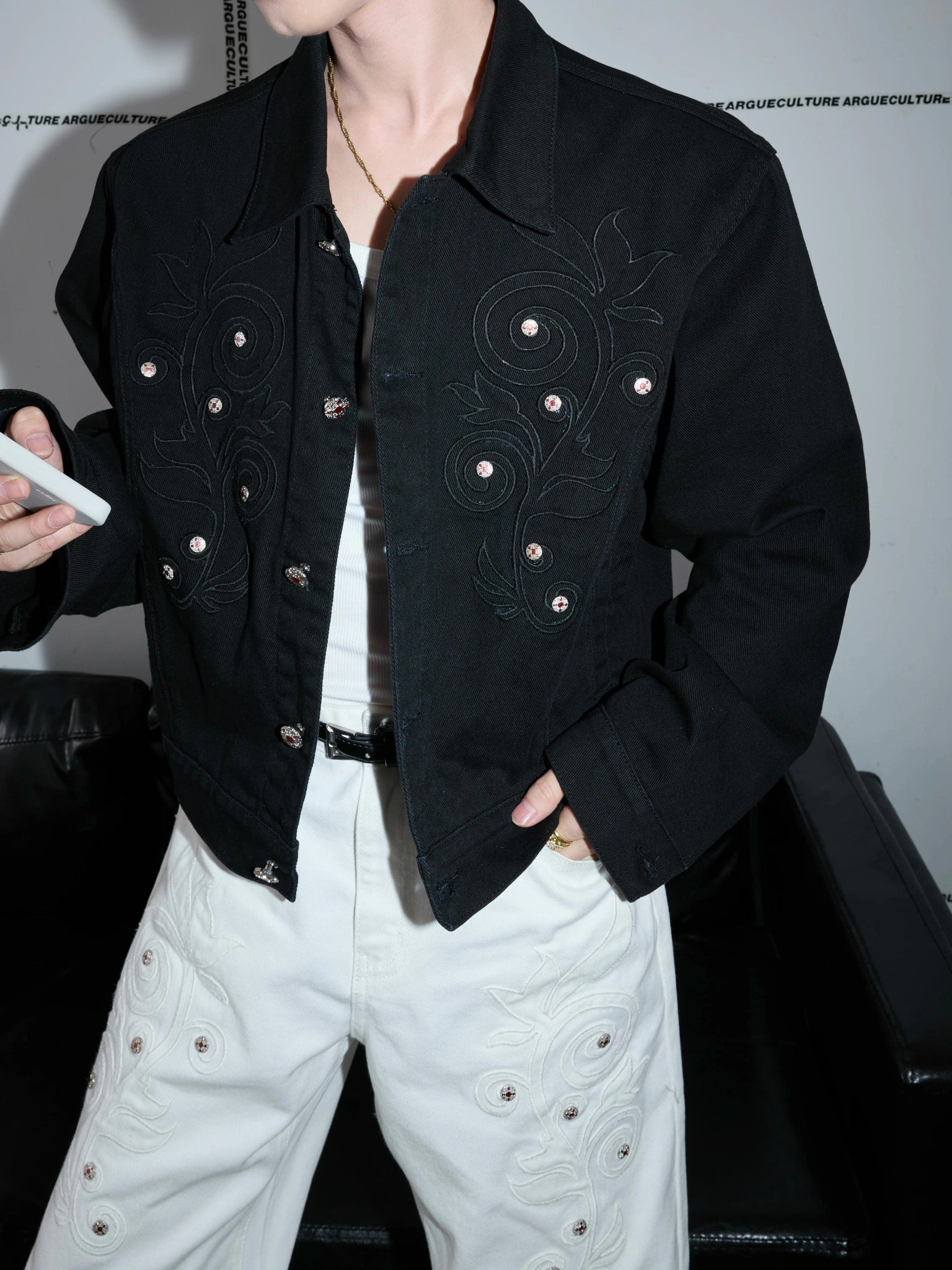 Floral Embroidered Rivet Cropped Denim Jacket - main image 1