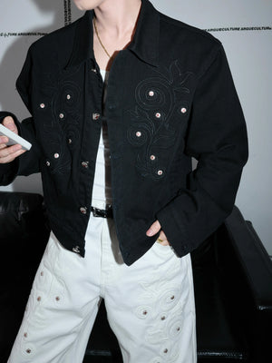 Floral Embroidered Rivet Cropped Denim Jacket - main image 1