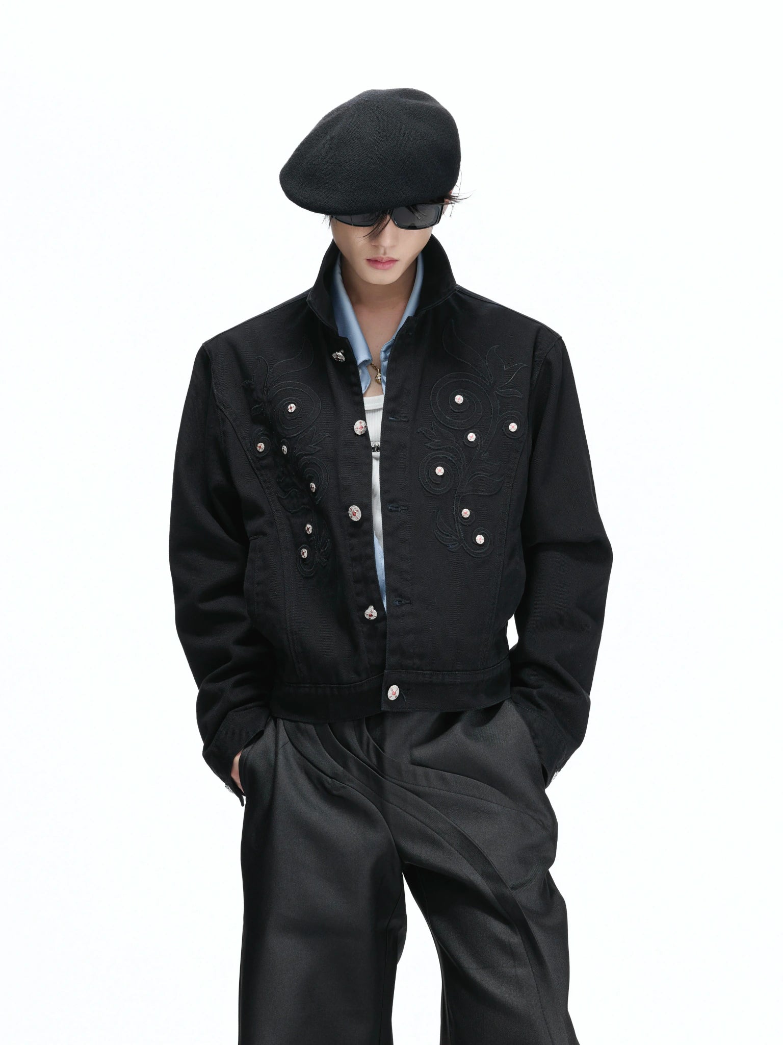 Floral Embroidered Rivet Cropped Denim Jacket - main image 3