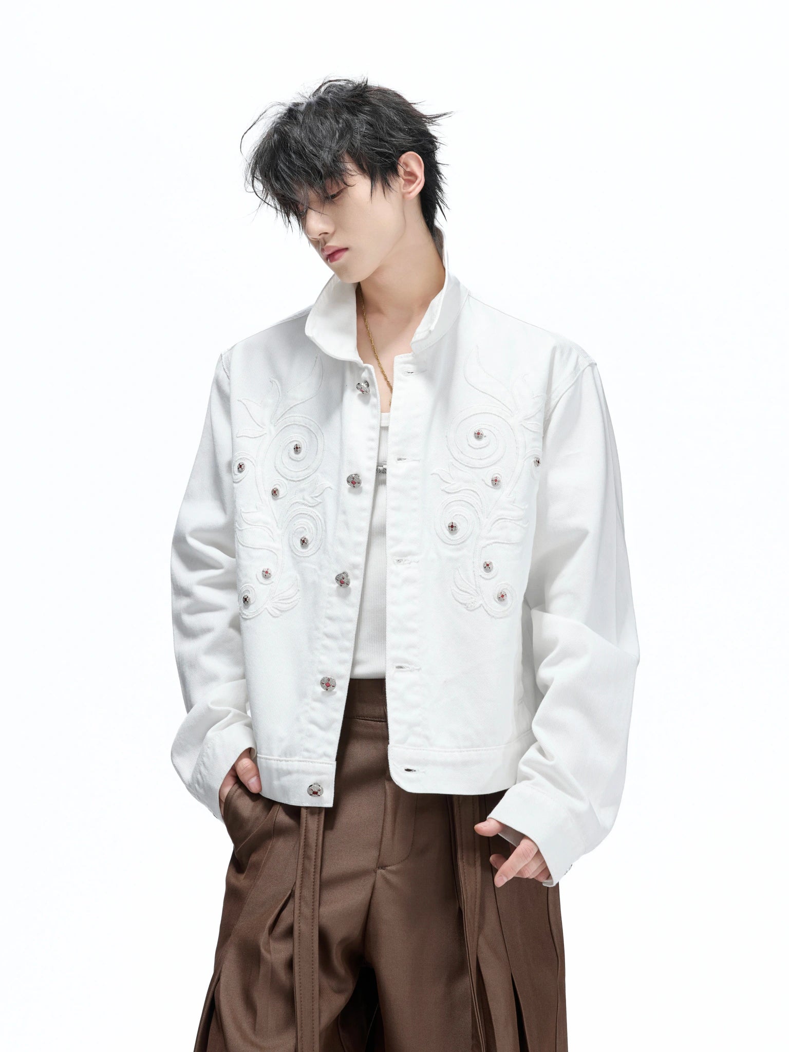 Floral Embroidered Rivet Cropped Denim Jacket - main image 4