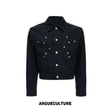 Floral Embroidered Rivet Cropped Denim Jacket - Black