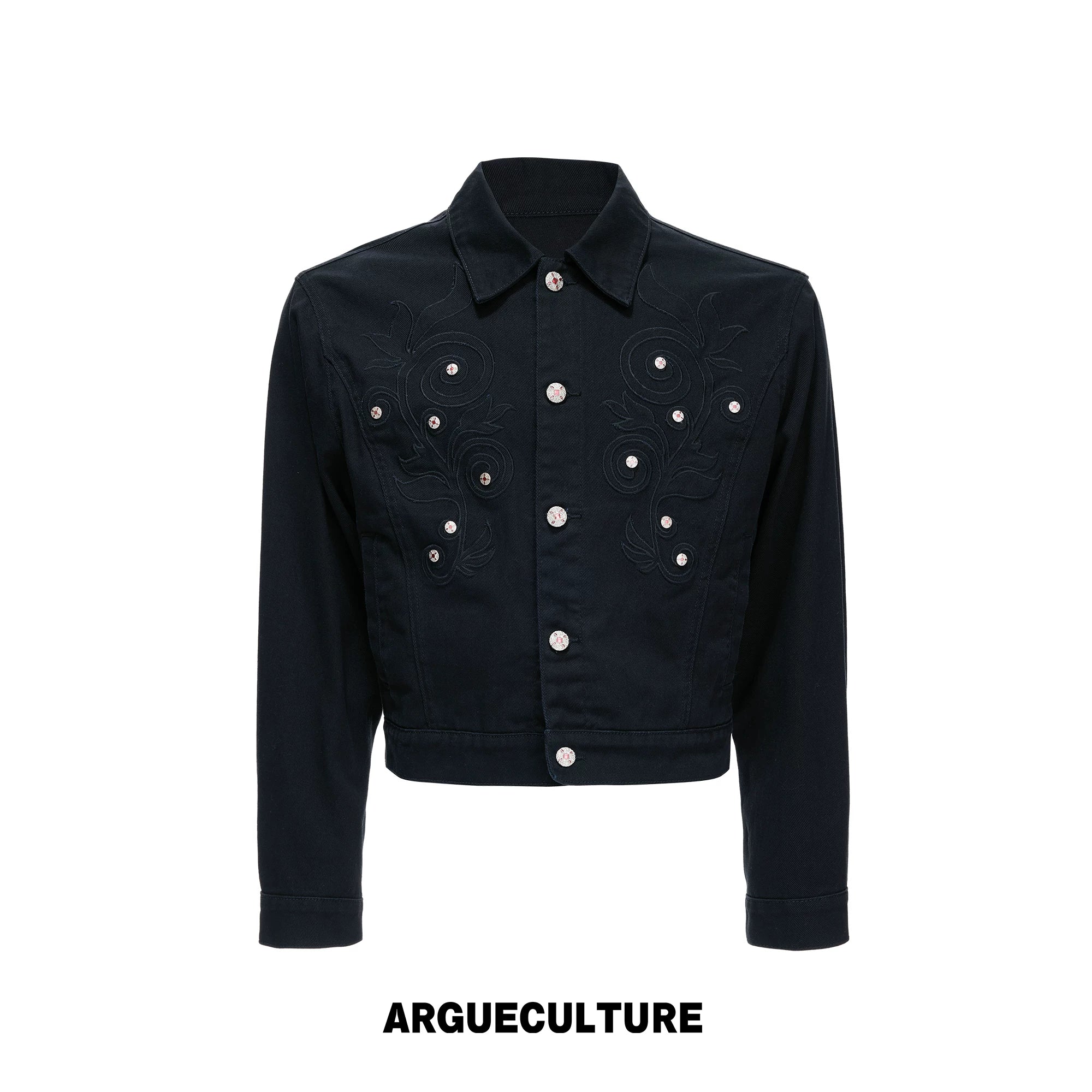 Floral Embroidered Rivet Cropped Denim Jacket - Black