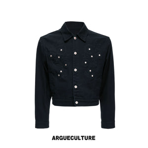 Floral Embroidered Rivet Cropped Denim Jacket - Black