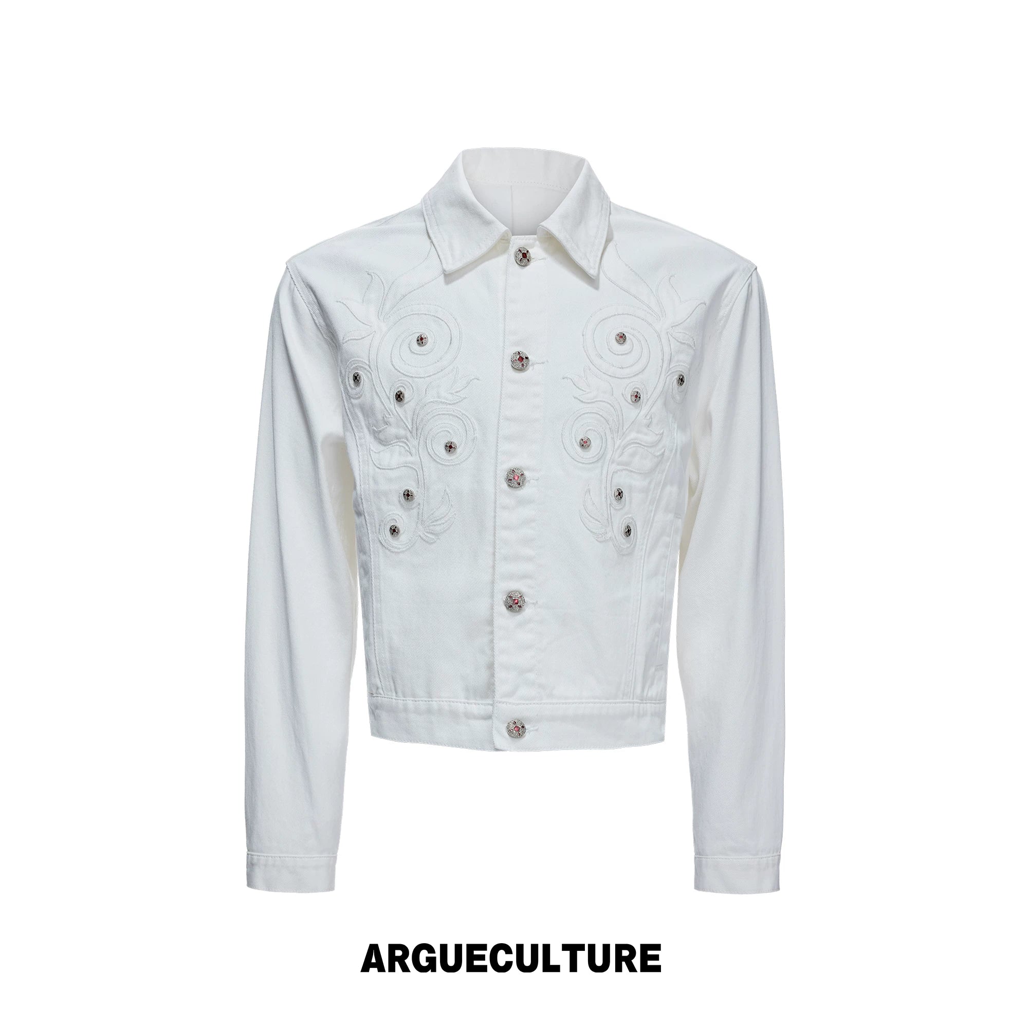 Floral Embroidered Rivet Cropped Denim Jacket - White