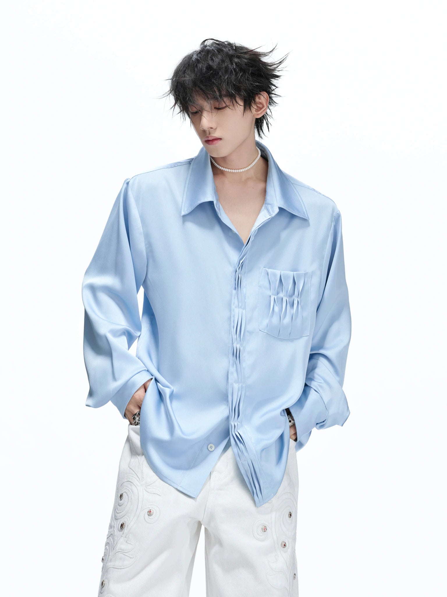 Pleated Satin-Finish Polyester Long-Sleeve Shirt - main image 1