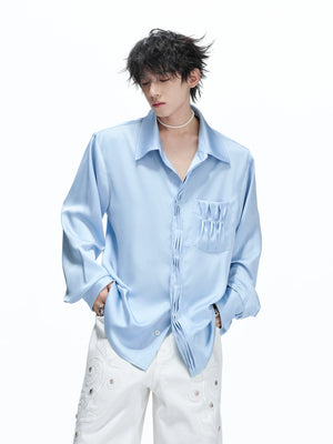Pleated Satin-Finish Polyester Long-Sleeve Shirt - main image 1