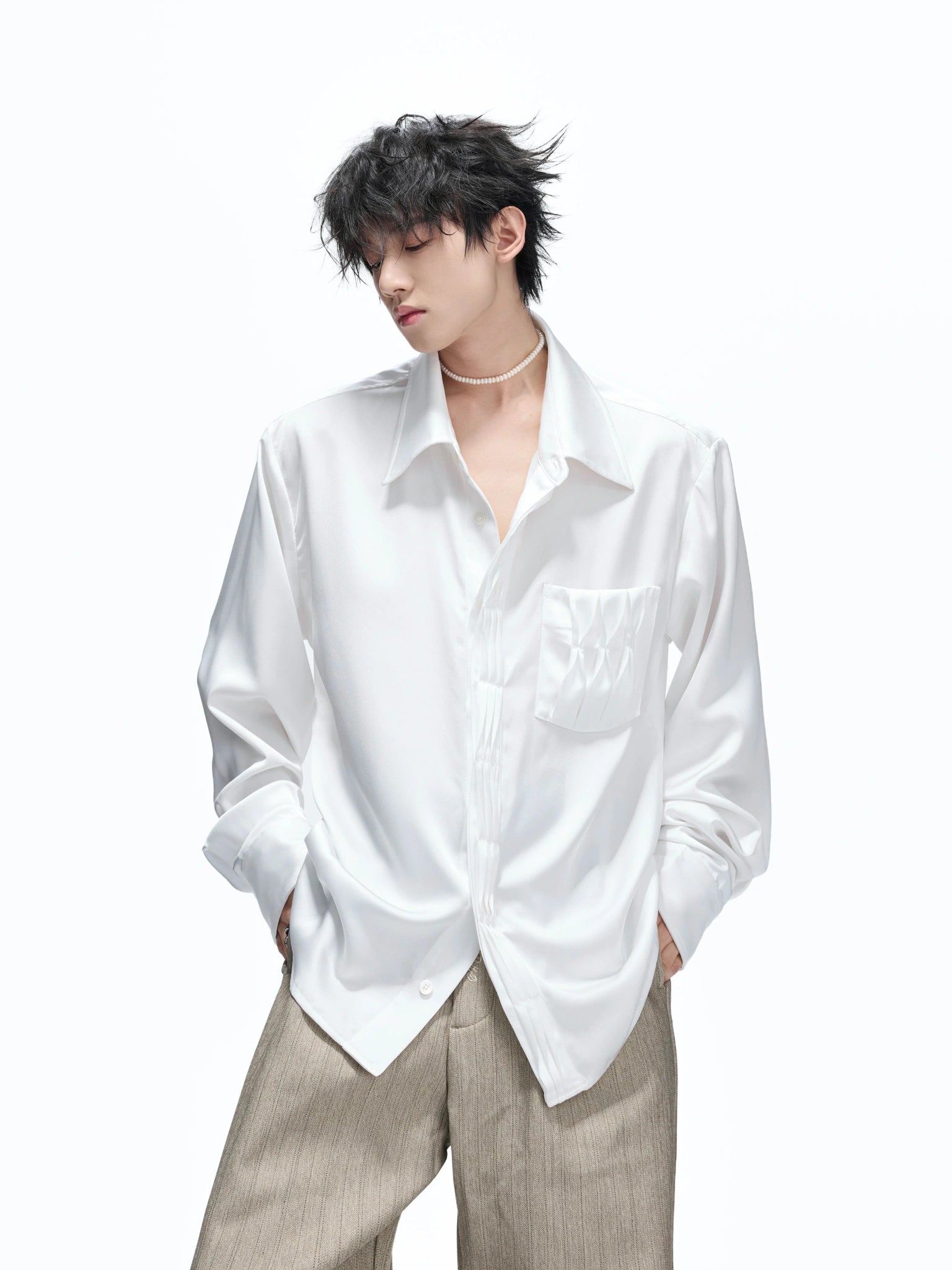 Pleated Satin-Finish Polyester Long-Sleeve Shirt - main image 4
