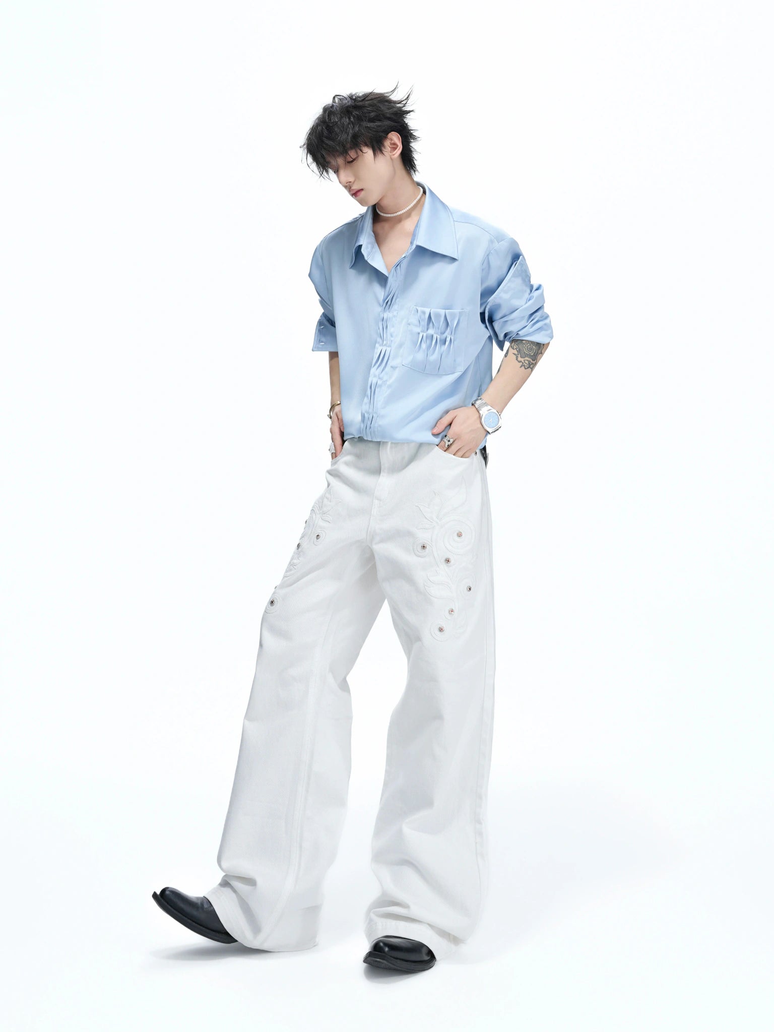 Pleated Satin-Finish Polyester Long-Sleeve Shirt - main image 5