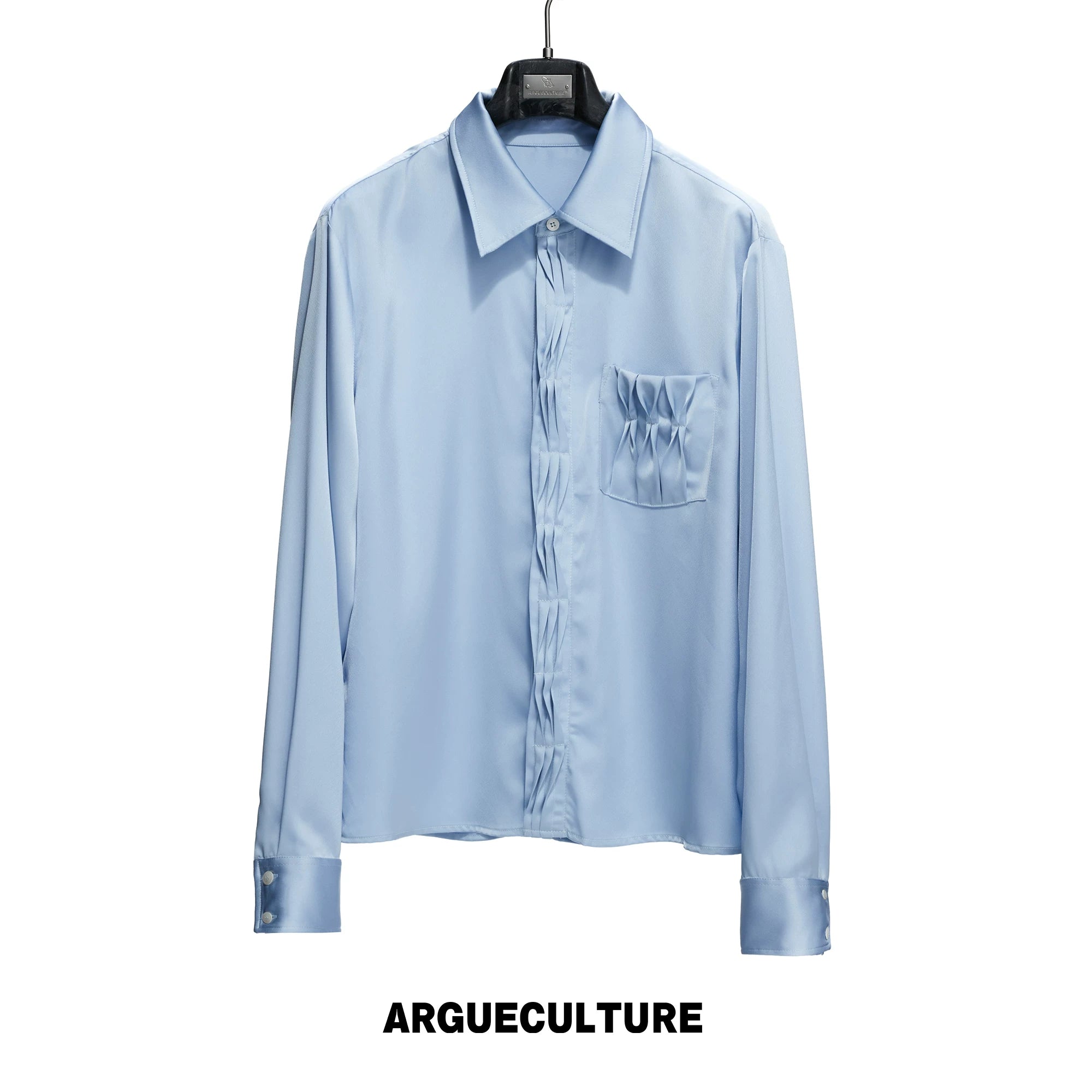 Pleated Satin-Finish Polyester Long-Sleeve Shirt - Top - Blue