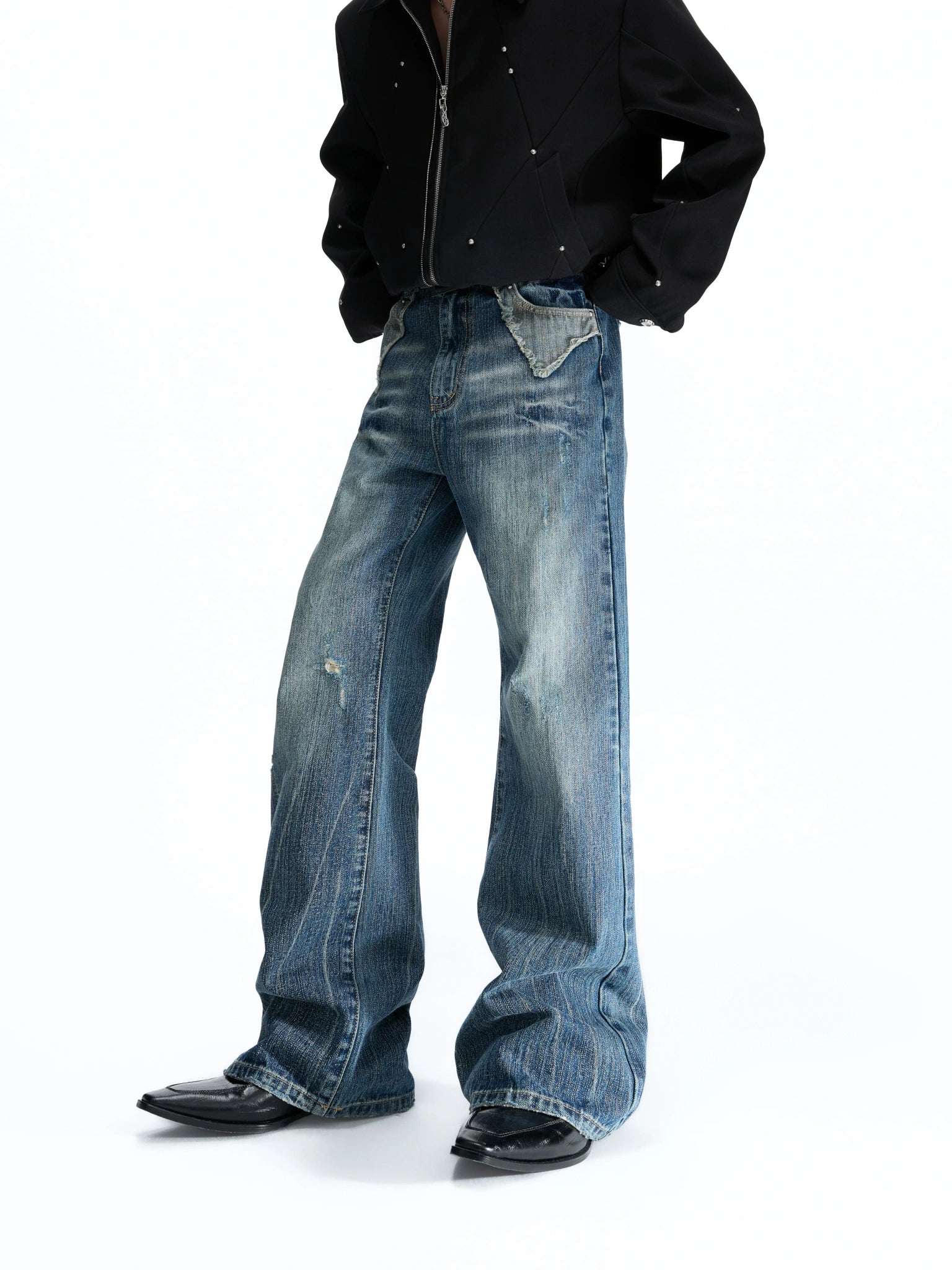Deep Blue Distressed Bootcut Slub Denim Jeans - main image 1