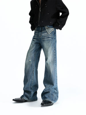 Deep Blue Distressed Bootcut Slub Denim Jeans - main image 1