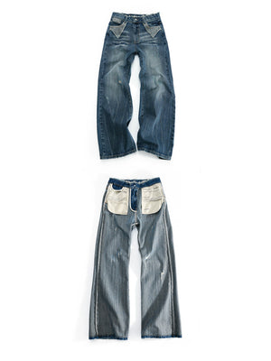 Deep Blue Distressed Bootcut Slub Denim Jeans - main image 2