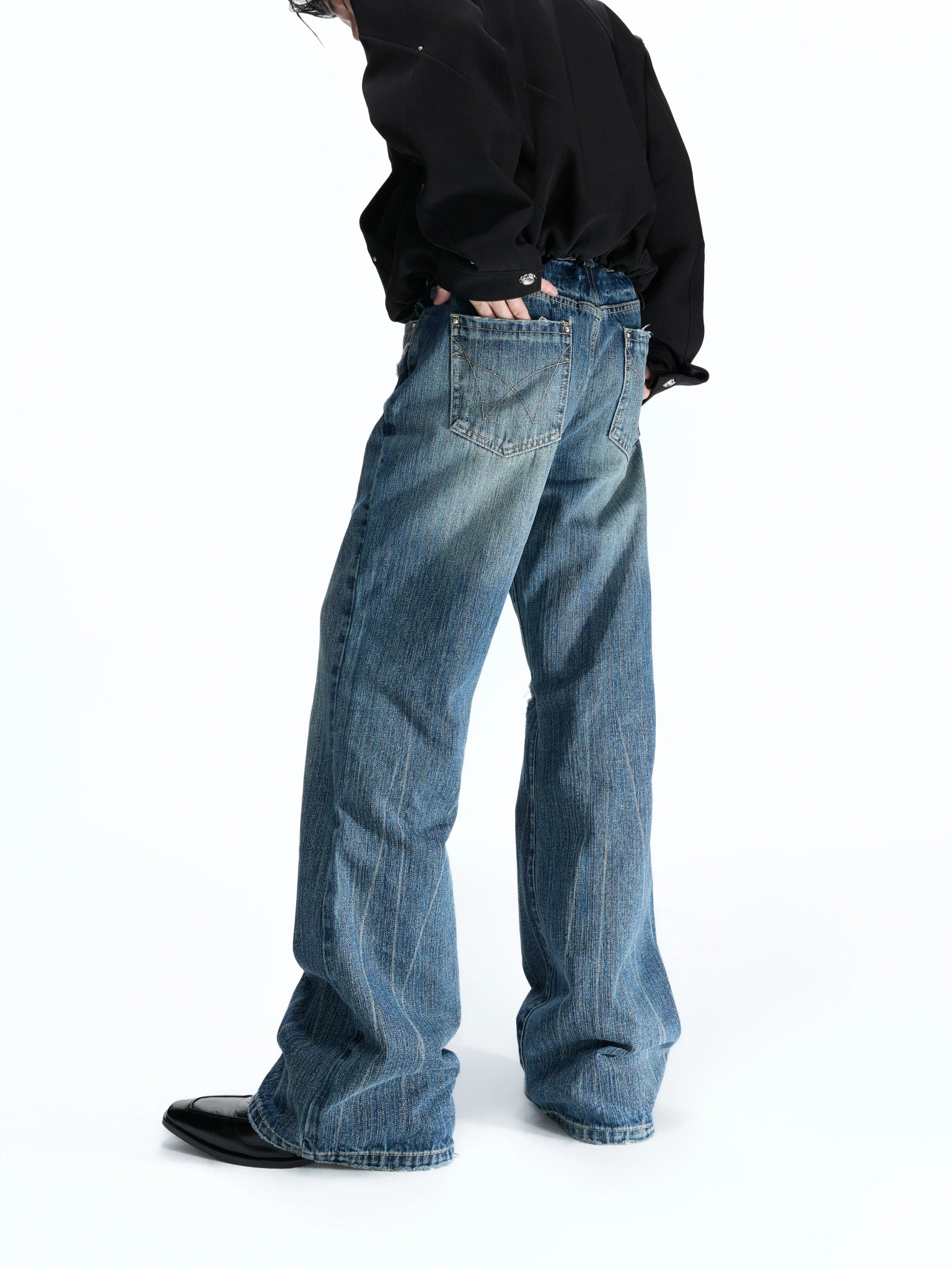 Deep Blue Distressed Bootcut Slub Denim Jeans - main image 3