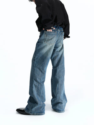 Deep Blue Distressed Bootcut Slub Denim Jeans - main image 3