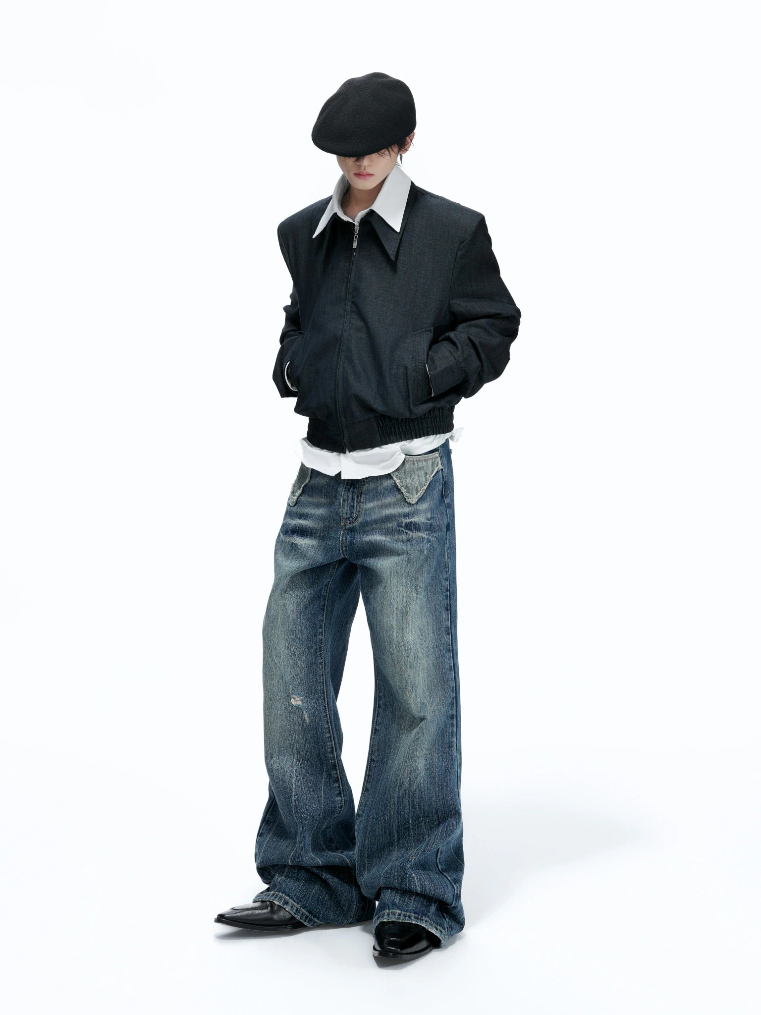 Deep Blue Distressed Bootcut Slub Denim Jeans - main image 4