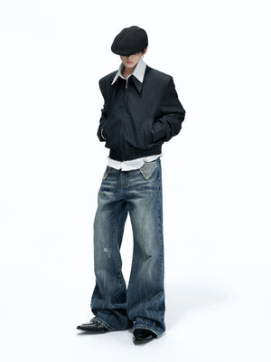 Deep Blue Distressed Bootcut Slub Denim Jeans - main image 4
